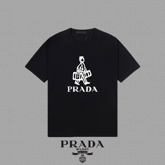 Prada 普拉达] 2024Fw短袖t恤 植绒人像图案字母logo印花 高端32S双纱260克面料 重磅面料 定制拉架罗纹同缸同染 三标齐全 男女同款 颜色：