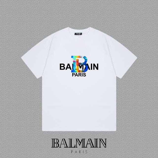 Balmain 巴尔曼] 2024Fw短袖t恤 硅胶厚板炫彩字母logo印花 高端32S双纱260克面料 重磅面料 定制拉架罗纹同缸同染 三标齐全 男女同款 颜