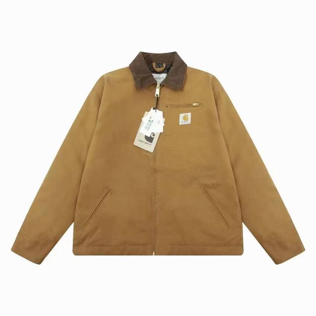 棕色实拍 卡哈特经典胸前口袋贴布logo工装棉服 -Carhartt 卡哈特 底特律 复古帆布 重磅厚工装夹棉夹克加棉外套- 黑色 白色 紫色 杏色 烟灰色 棕