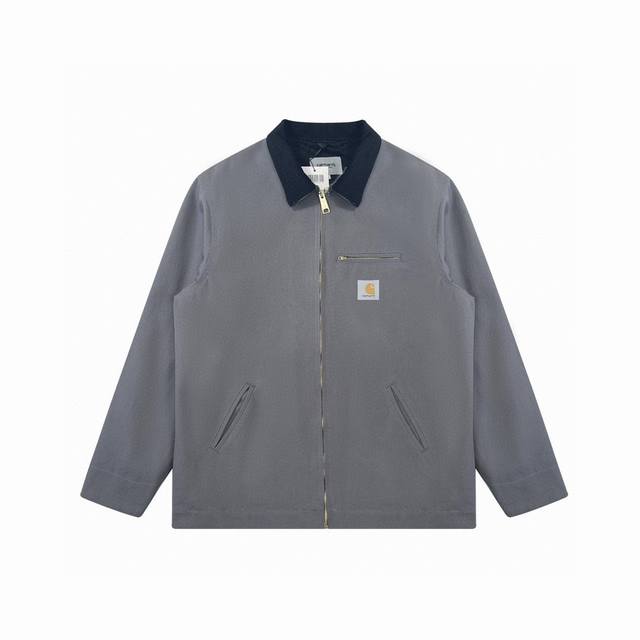 烟灰色实拍 卡哈特经典胸前口袋贴布logo工装棉服 -Carhartt 卡哈特 底特律 复古帆布 重磅厚工装夹棉夹克加棉外套- 黑色 白色 紫色 杏色 烟灰色