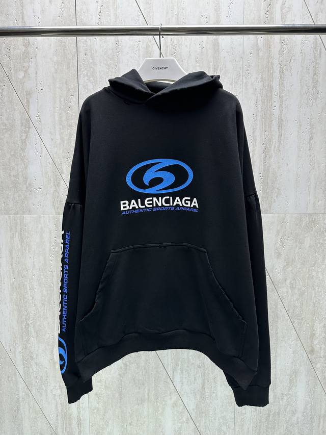 Blcg 巴黎 24Fw 新款surfer双袖海浪龟裂logo字母帽衫 Size：1 2 3码