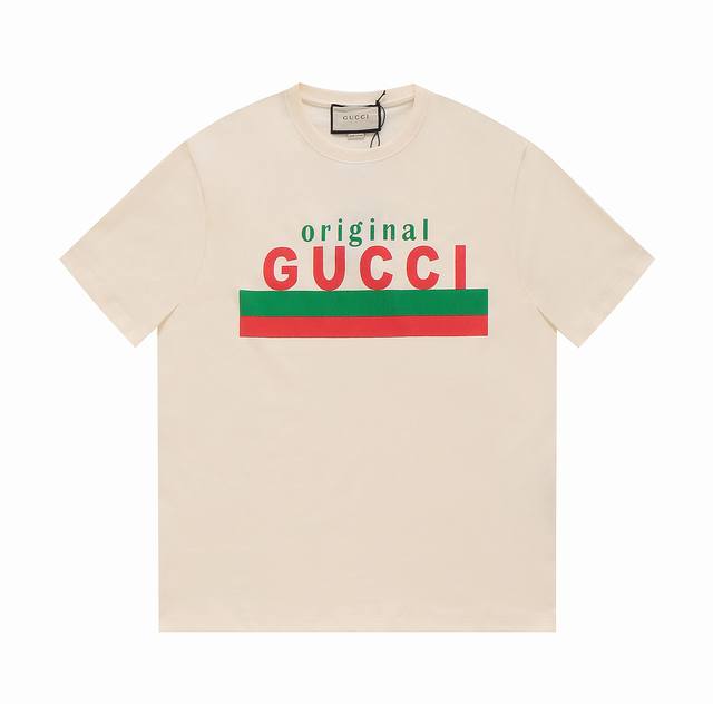 顶级版本.官网品质 Gucci 古驰 以“Original Gucci”格言和品牌独特的绿色和红色为特色的印花短袖,官方原版,定制32支双纱纯棉面料，克重260