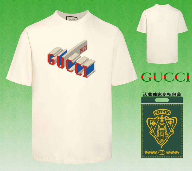 配图片包装 Gucci 古驰 2024春夏新款短袖，采用双坎肩做法，双坎肩做法，双坎肩做法使整件衣服更加有立体感觉，不是普通t恤所能达到的工种， 前幅图案采用高