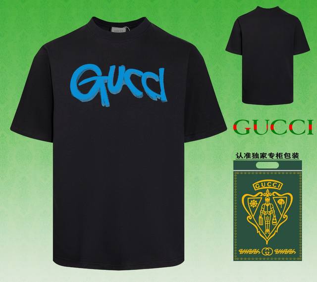 配图片包装 Gucci 古驰 2024春夏新款短袖，采用双坎肩做法，双坎肩做法，双坎肩做法使整件衣服更加有立体感觉，不是普通t恤所能达到的工种， 前幅图案采用高