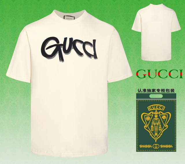 配图片包装 Gucci 古驰 2024春夏新款短袖，采用双坎肩做法，双坎肩做法，双坎肩做法使整件衣服更加有立体感觉，不是普通t恤所能达到的工种， 前幅图案采用高