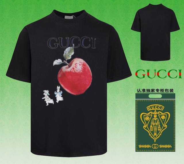 配图片包装 Gucci 古驰 2024春夏新款短袖，采用双坎肩做法，双坎肩做法，双坎肩做法使整件衣服更加有立体感觉，不是普通t恤所能达到的工种， 前幅图案采用高