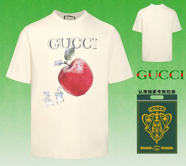 配图片包装 Gucci 古驰 2024春夏新款短袖，采用双坎肩做法，双坎肩做法，双坎肩做法使整件衣服更加有立体感觉，不是普通t恤所能达到的工种， 前幅图案采用高