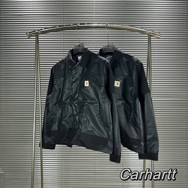 C31 卡哈特carhartt X Wip Junya Watanabe卡哈特联名款 Ss24拼接皮革logo翻领皮衣夹克外套 都市机能风 男女皮衣外套满满的c