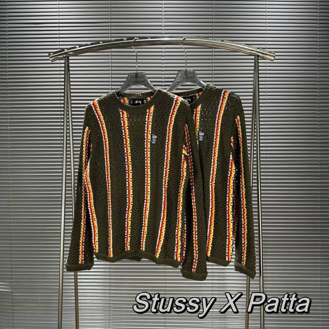 Stu49 顶级版本 Stussy X Patta 联名款 Ss24 新款徽标条纹宽松圆领毛衣 男女同款 独家定制重磅原版 21 支纯棉混纺纱线 非常重工的一件