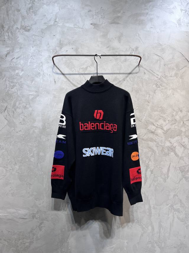 Balenciaga新款巴黎世家毛衣多logo字母多国语言套头毛衣高领毛衣balenciaga Ootd百搭神器ski24年滑雪系列这个系列内搭真是好看 宽松版