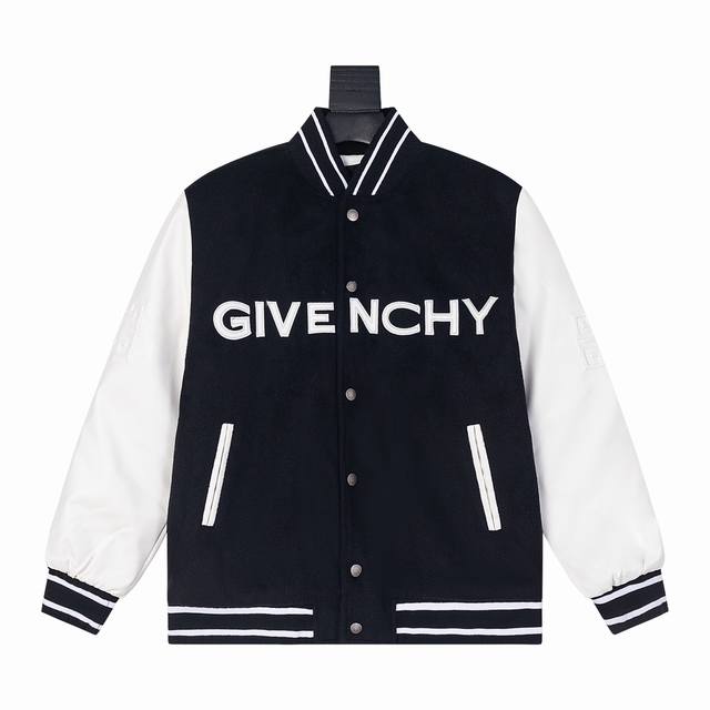 Givenchy纪梵希，Fw秋冬新款棒球服外套，专柜同步在售，经典品牌字母刺绣图案，精致车工走线，美式复古的配色把氛围感拉满，拼色拼皮设计，袖臂压花logo，银