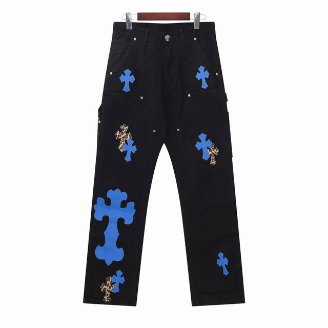 高端］ 上新 Chrome Hearts ｜24Ss Ch克罗心工装伐木克莱因蓝色拼皮限量版牛仔裤- 克罗心里面颜色最能打的裤子啦啦啦 采用珠帆布面料，重工水洗