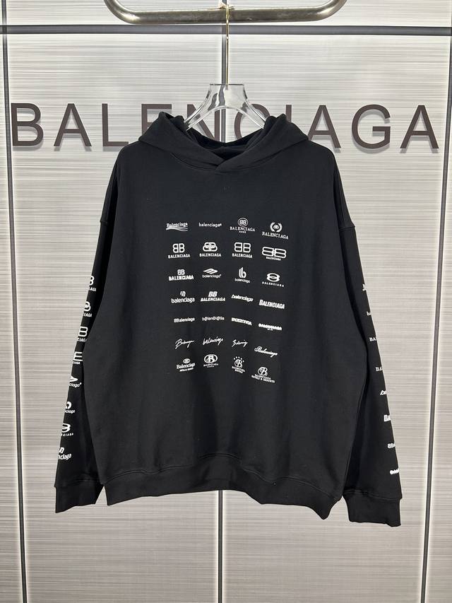 Balenciaga巴黎世家新款弹幕满印logo印花连帽卫衣 宽松版型 采用450克精梳毛圈面料 从面料到辅料全重磅长袖 百搭情侣 简约袖章设计，定制1*1螺纹