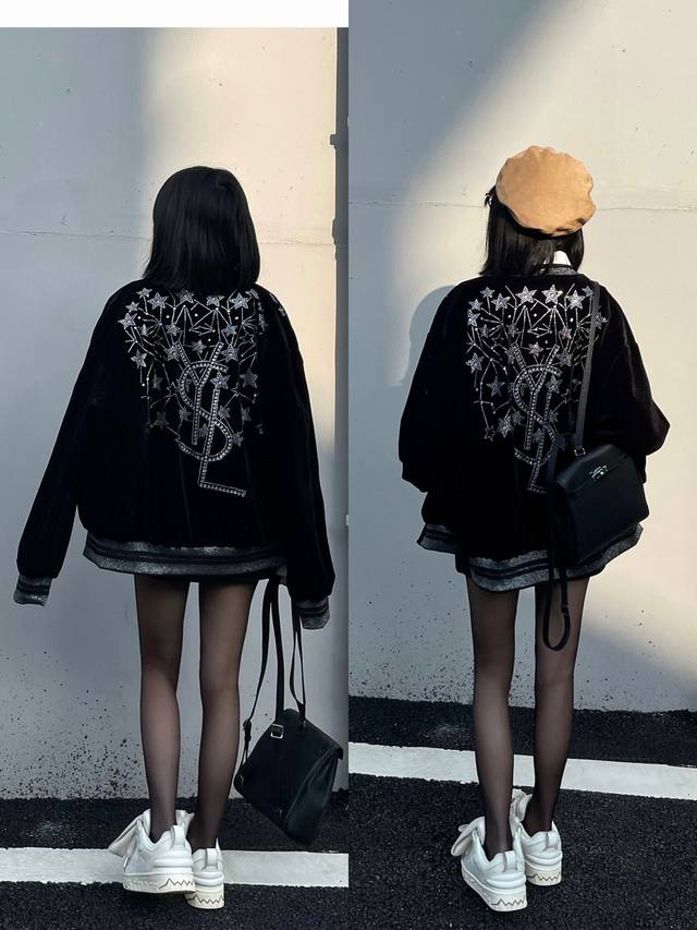 Saint Laurent Ysl圣罗兰满天星烫钻金丝绒夹克棒球服 周震南 李宇春等明星同款 首先普及品牌 Yves Saint Laurent是推出奢华成衣概