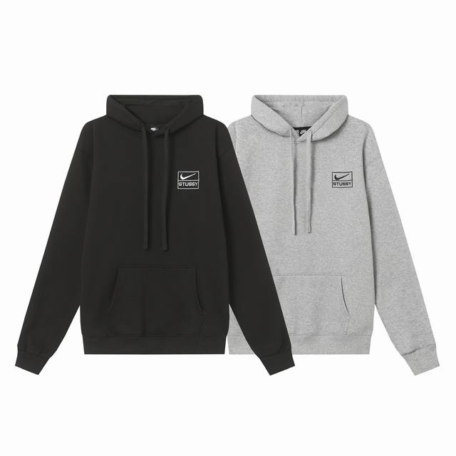 款hn338 Stussy 斯图西 Nike 联名款运动套装圆领抓绒卫衣 经典联名款刺绣 经典款式运动滑板休闲风格 纯棉抓绒面料 颜色：灰色 黑色 码数：S-X