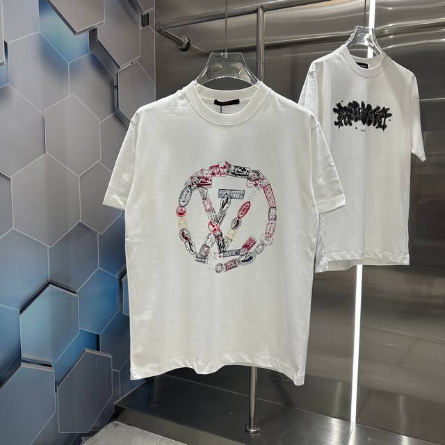 Lv 2024秋冬新款320克短袖t恤 个性印花 男女同款宽松版 S M L Xl Xxl 五个码 黑色 白色