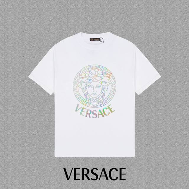 Versace 范思哲] 2024Fw短袖t恤 炫彩图案字母logo印花 高端32S双纱260克面料 重磅面料 定制拉架罗纹同缸同染 三标齐全 男女同款 颜色：