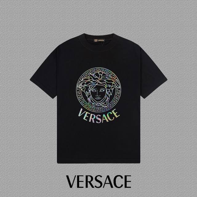 Versace 范思哲] 2024Fw短袖t恤 炫彩图案字母logo印花 高端32S双纱260克面料 重磅面料 定制拉架罗纹同缸同染 三标齐全 男女同款 颜色：