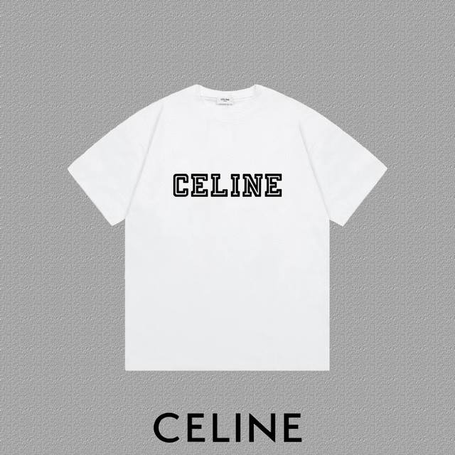 Celine 赛琳] 2024Fw短袖t恤 硅胶厚板字母logo印花 高端32S双纱260克面料 重磅面料 定制拉架罗纹同缸同染 三标齐全 男女同款 颜色：黑色