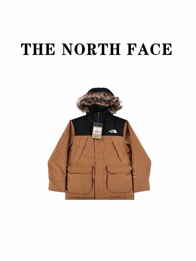 北面the North Face 品牌logo刺绣连帽毛领拉链羽绒服 儿童款 棕色 绿色