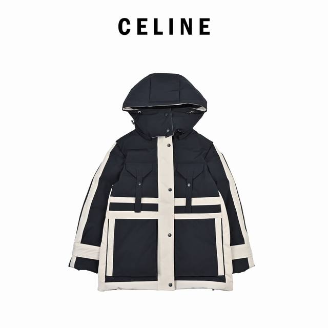 Celine赛琳 多口袋工装羽绒服外套 派克服 工艺说明:采用羽绒面料，内里填充90白鹅绒，多口袋设计拼接面料，百搭经典的宽松，上身超级保暖，能与同款搭配营造时