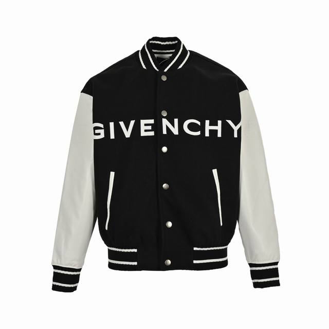 Givenchy 纪梵希 刺绣字母皮袖拼接棒球服 大身面料采用50羊毛的龙凤呢，横机制作的羊毛螺纹，袖子拼皮采用进口无涂层皮，定位压花，保证袖子两边压花对位，6