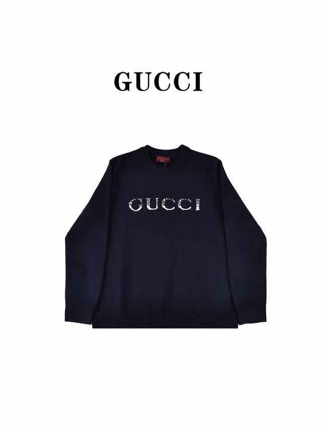 Gucci 古驰 24Fw 渐变提花消散g圆领毛衣 原 P9,100购买； 深蓝色针织羊毛、Gu嵌花、圆领落肩设计、罗纹滚边全套辅料配备 #对色定染混纺羊毛纱线