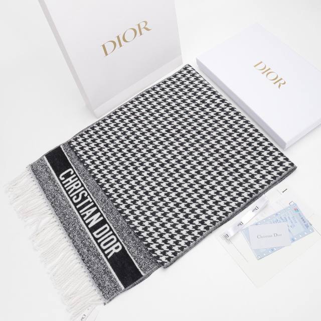 Dior 迪奥cd 22新款fw 千鸟格满印字母logo羊毛长围巾 #代购版本# 羊毛材质，专柜礼盒包装