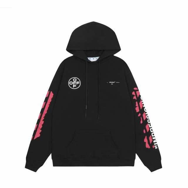 高版本off-White C O Virgil Abloh 口红色刷漆箭头印花连帽卫衣，男女同款，经久不息的爆款。采用420G高克重纯棉毛圈面料，德国进口机器高