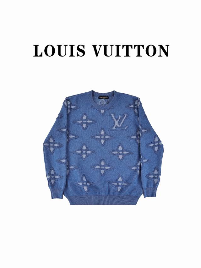 Louis Vuitton 路易威登lv 蓝花凹凸提花嵌花四叶草圆领毛衣 采用定制羊毛混纺面料，本款圆领衫出自lvx Park Seo Bo系列，以3D提花图案