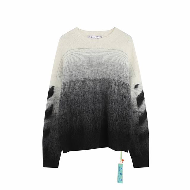 高版本off-White 渐变箭头针织马海毛衣，男女同款。独立染缸定染五个不同层次纱线，渐变晕染递进 颜色过渡非常自然。整件拉毛工艺处理 毛感自然。Oversi