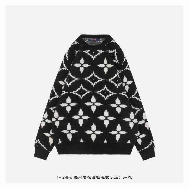 Lv 24Fw 菱形老花圆领毛衣 采用混纺材质面料，柔顺保暖，抗起球性能好，采用进口无缝电脑横机全卷边编织，单件机编时间超过90分钟，胚身+成衣两道洗水工艺，稳