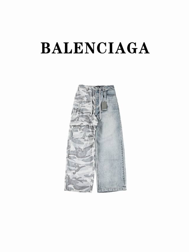 Balenciaga24Ss秋冬新款拼接迷彩牛仔长裤 重工官网同步.巴黎世家ss24秋冬新款迷彩色织格子布工装裤拼接牛仔面料裤.宽松版本.男女同款 码数：Xs.