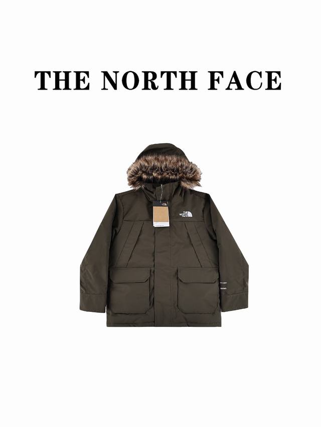 北面the North Face 品牌logo刺绣连帽毛领拉链羽绒服 儿童款 棕色 绿色