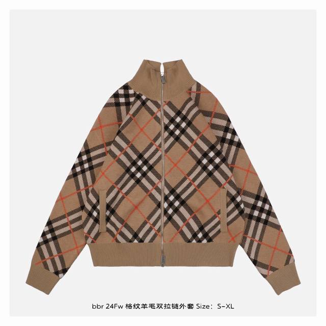 Burberry 博柏利 24Fw 格纹羊毛双拉链外套 面料黑色、白色、卡其色，三个颜色均采用2条60 2S超细羊毛，橘红色为30 1S高比例马海毛，所有颜色均