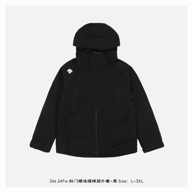 Descente 迪桑特 24Fw 斜门襟连帽棉服外套-黑 防水防风，软壳机能风压胶冲锋棉衣，版型太板正，上身毫不臃肿，拍拍棉填充，轻盈柔软，吸湿透气，防菌防臭