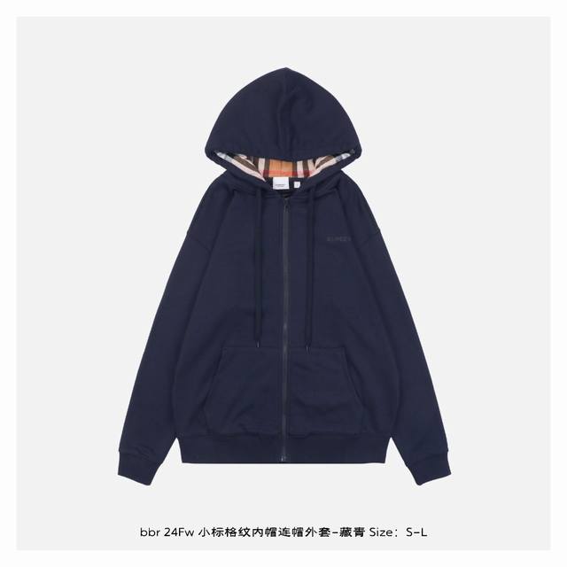 Burberry 博柏利 24Fw 小标格纹内帽连帽外套-藏青 采用380G专用定制毛圈卫衣布料，搭配对比感法兰绒格纹连帽，表面做过手感处理，格子布100%粗纺