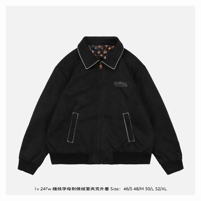 Lv 24Fw 缝线字母刺绣绒面夹克外套 选用 Lwg 认证的柔软绒面羊皮革，为经典牛仔设计注入俊雅格调，Monogram 压纹点缀领后+袖口和腰部，标志性方钉