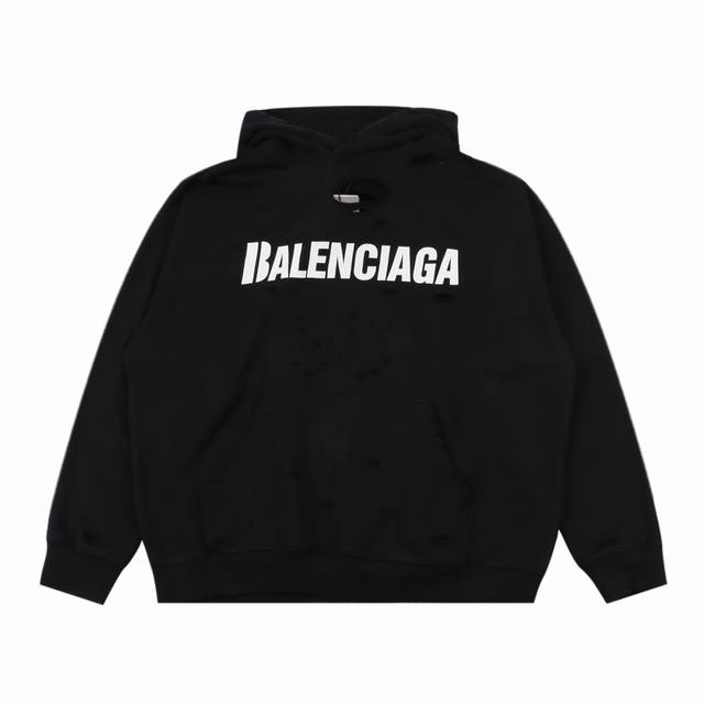 Balenciaga 巴黎世家 龟裂字母破洞连帽艺术连帽卫衣 秋冬季砖柜同步.欢迎对比 面料采用巴黎zp定织定染全棉水洗大卫衣，布纹清晰， 柔软舒适。螺纹釆用定