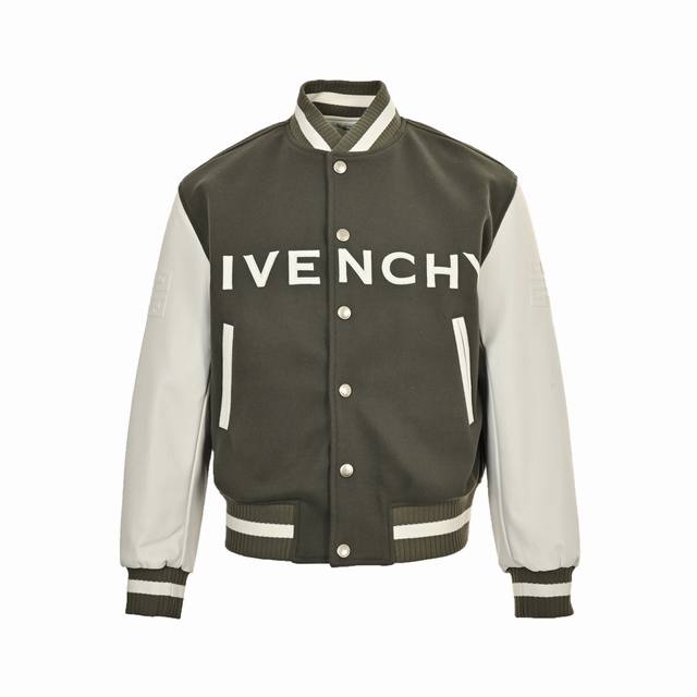 Givenchy 纪梵希 刺绣字母皮袖拼接棒球服 温馨提示：建议干洗，禁止机洗！ 购入yb开发，整衣细节多，开发难度非常高，门襟的字母拼皮在刺绣前需要红外对位，