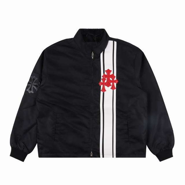 Chrome Hearts 克罗心 红色十字架皮标黑白拼接加绒拉链外套 衣服内里加绒，兼具良好保暖效果，整衣拼皮的效果穿上简直帅的不得了 Size:S-Xl