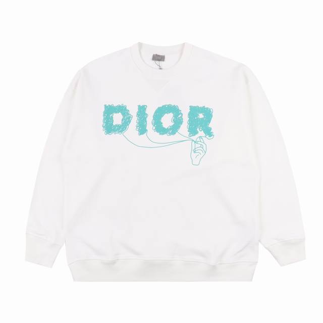 Dior 迪奥 24Fw 蓝色涂鸦印花logo圆领卫衣 420克重纯棉面料毛圈底定制32支2*2螺纹 成衣两遍水洗处理 面料舒适亲肤无异感 定制定染面料 纺织密