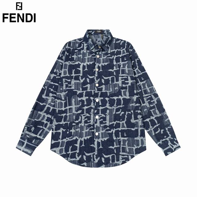 Fendi 芬迪 满印流苏双f字母提花牛仔衬衫 2024Ss官网新款长袖 衬衫 衬衣，精美提花logo 高端版本，专柜定制面料 透气舒适度高，精工制作，细节处理