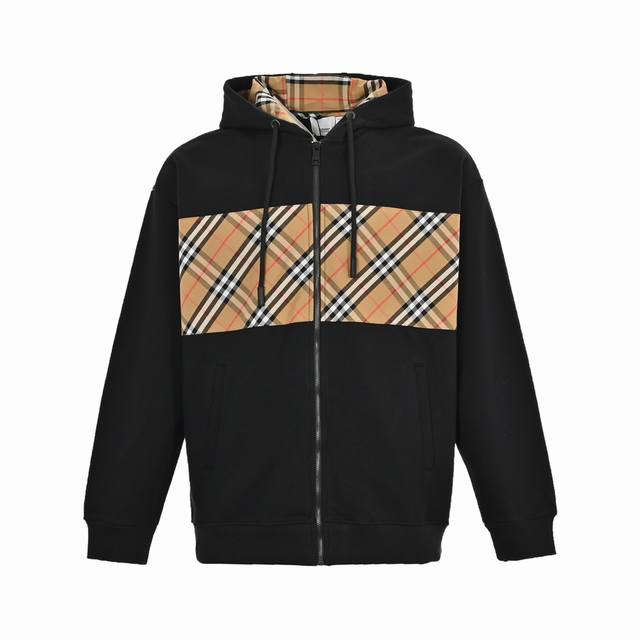 Burberry 巴宝莉 24Fw 格纹拼接拉链外套 原版开发，采用480Gbbr专用定制牛肚布卫衣布料。搭配对比感法兰绒格纹连帽，抽绳处饰以皮革元素。表面做过