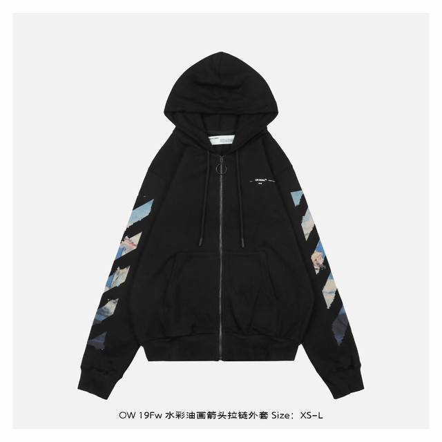 Off White C O Virgil 19Fw 水彩油画箭头拉链外套 调色耗时一月，面料需定染，拔印效果，做工比较复杂，面料需要考虑可拔性，面料需要先拔印，