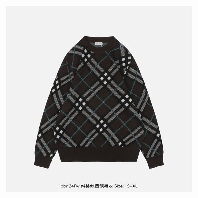 Burberry 博柏利 24Fw 斜格纹圆领毛衣 定织定染采用40%丝光羊毛6%锦纶35%抗起球腈纶19%涤纶混纺材质，绿色线条和灰白色方块都是染厂师傅花大时