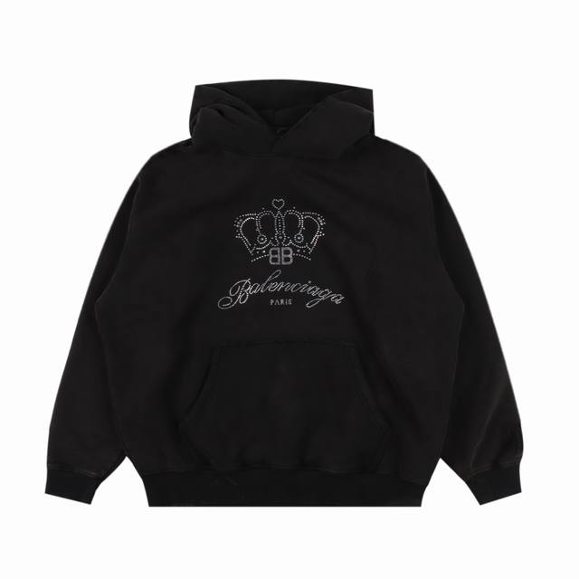 Balenciaga 巴黎世家 皇冠烫钻加绒连帽卫衣 闪烁系列秋冬500G洗水加绒 采用进口澳钻 高温压烫 不易脱落 多位磨破 割烂洗水处理 亮度高 感叹相机无