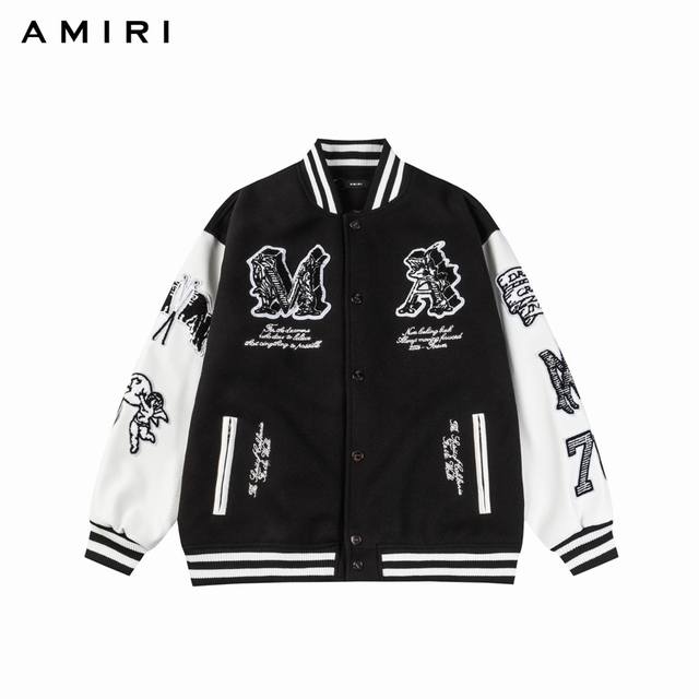 Amiri 爱神丘比特棒球服外套 -采用毛巾绣工艺 口袋五金拉链设计 尽显独特 700G龙凤尼与荔枝纹pu相碰撞 时尚百搭 市场高品质 拒绝lou货 现货发售