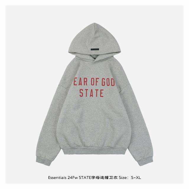 Essentials 24Fw State字母连帽卫衣 面料采用400克重双股大毛圈面料，定制32支螺纹，成衣两遍水洗处理，面料舒适亲肤无异感，定制定染面料，纺