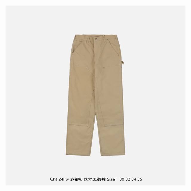 Carhartt 卡哈特 24Fw 多铆钉伐木工装裤 采用12盎司100%棉原生帆布，未脱浆面料，面料较硬，随穿着和洗涤会逐渐变软合身，不但能防风防水，长年累月